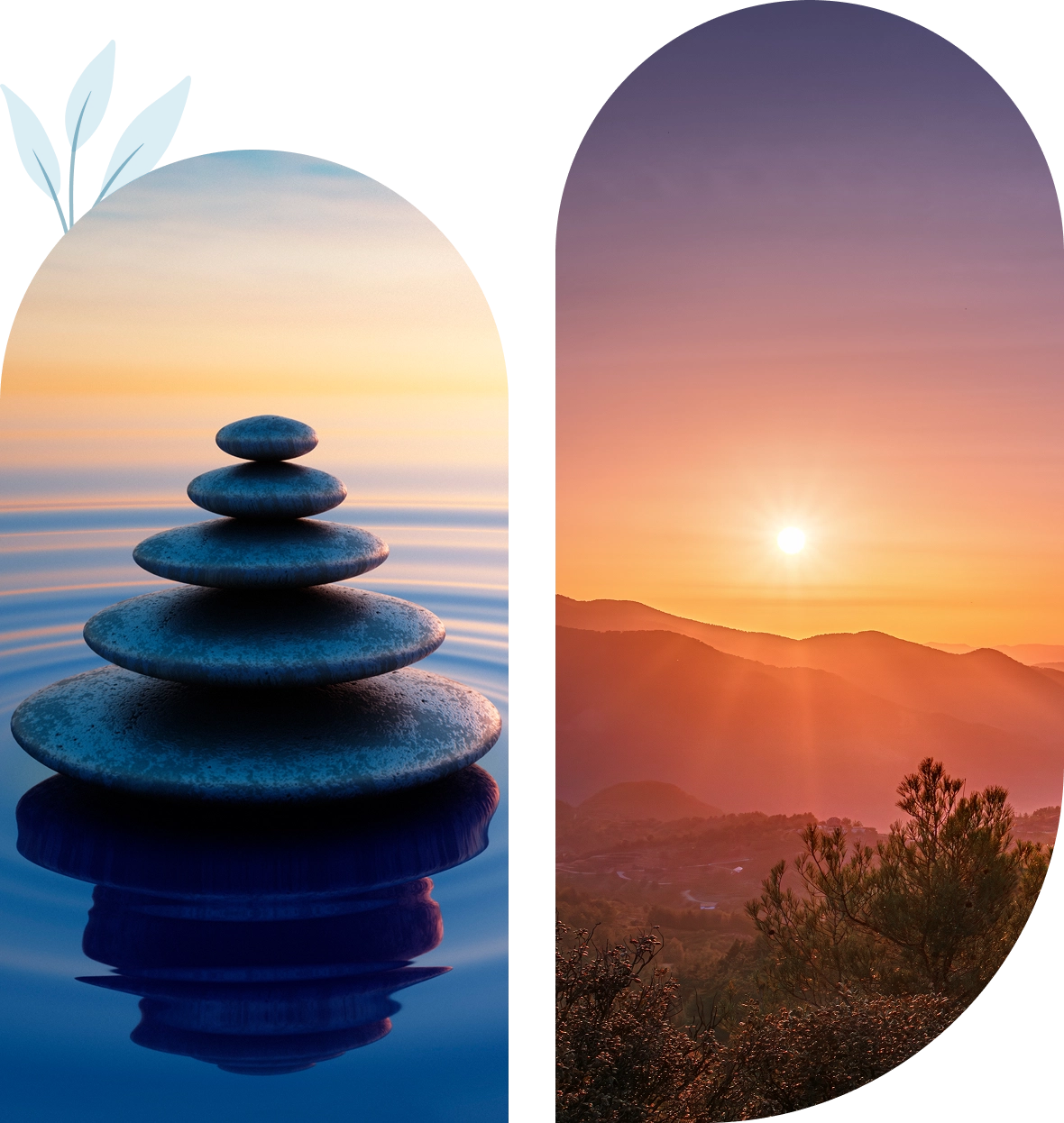 Stacked stones and sunset over mountains.