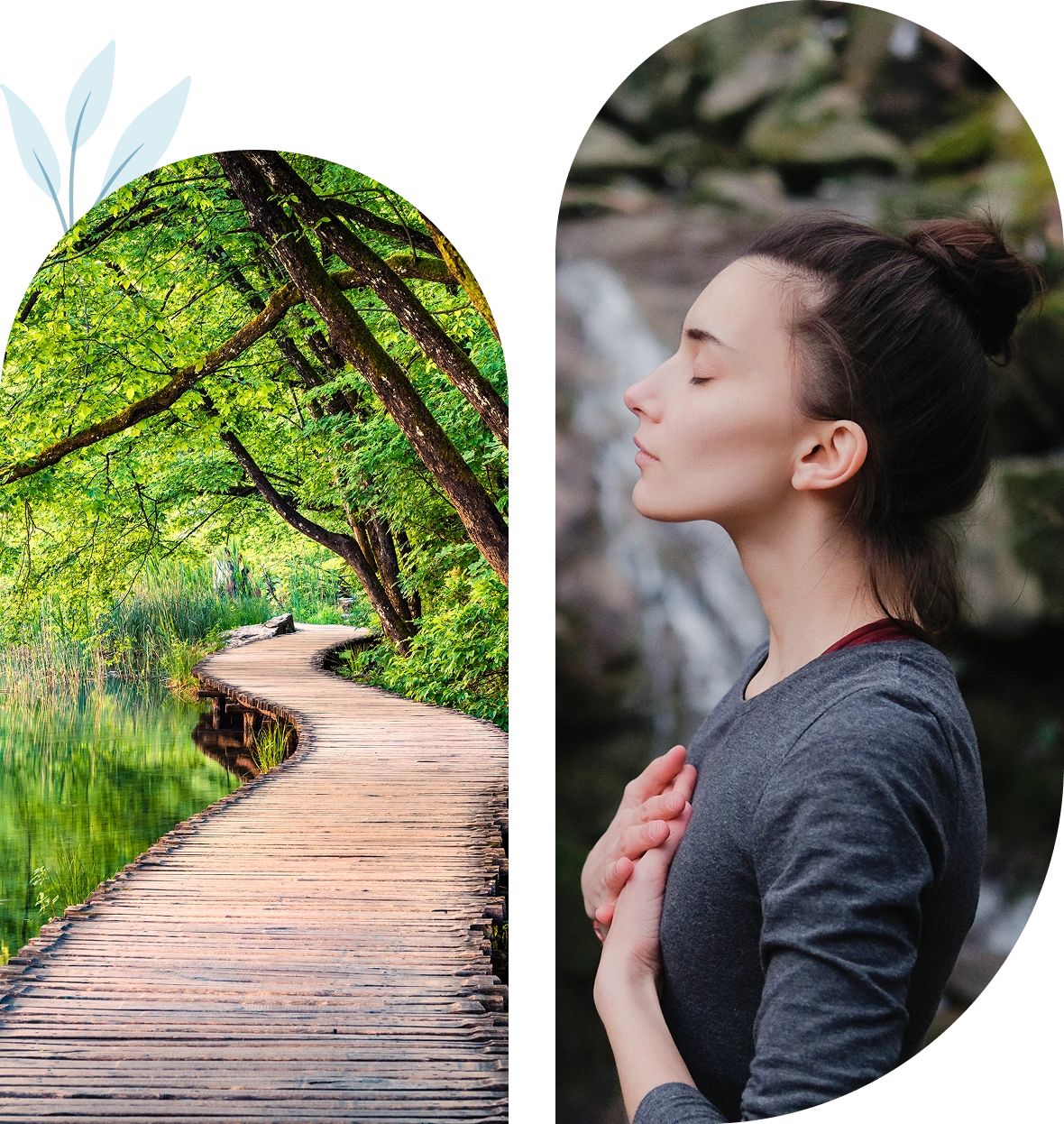 Woman meditating beside a forest pathway.
